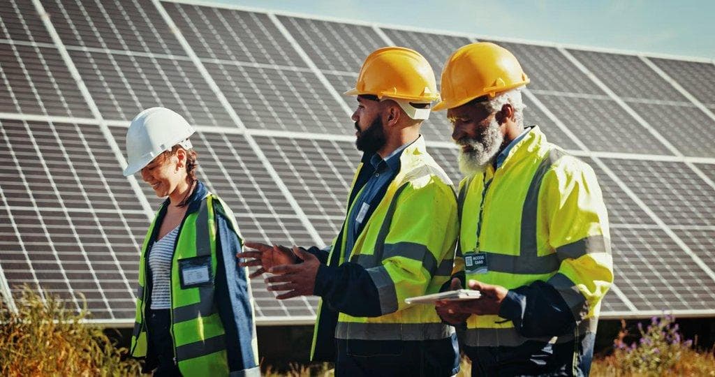 Team von drei Ingenieuren auf Solarenergie-Farm