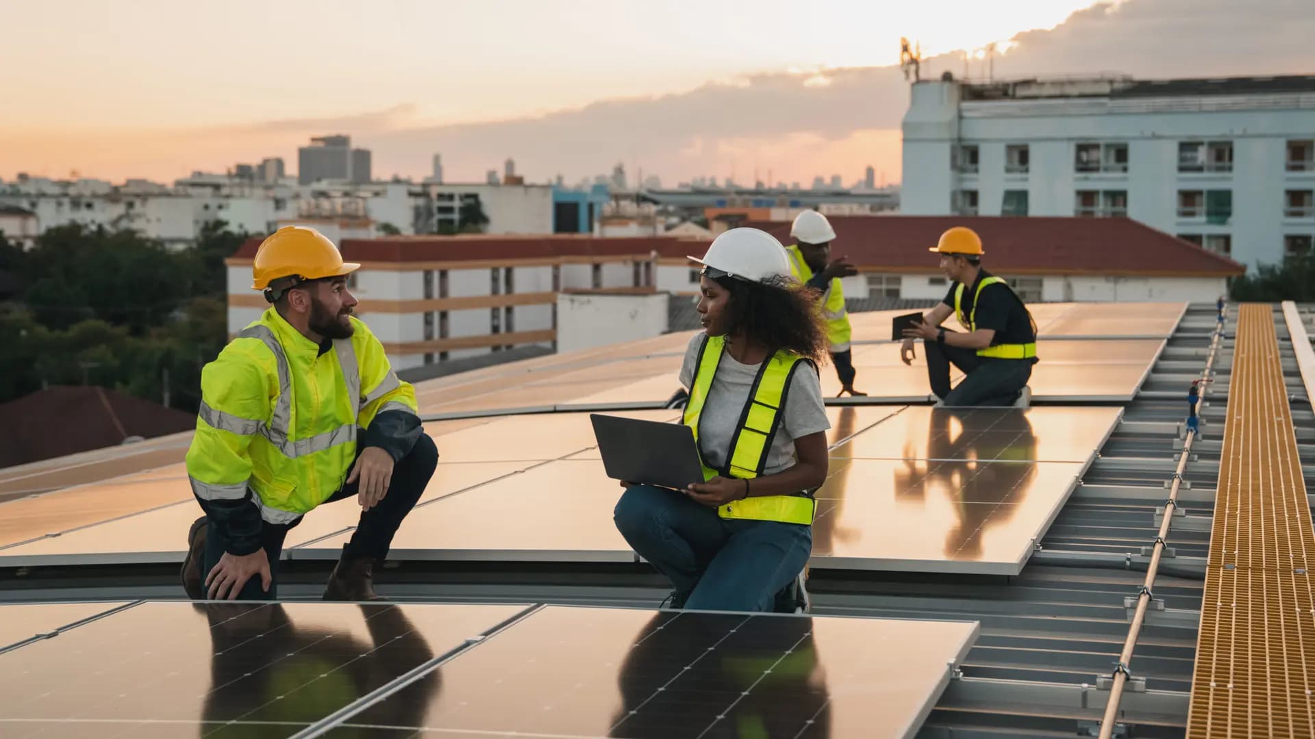 Vier Techniker in Sicherheitsweste und Helm installieren Solarmodule auf einem Flachdach bei Sonnenuntergang.
