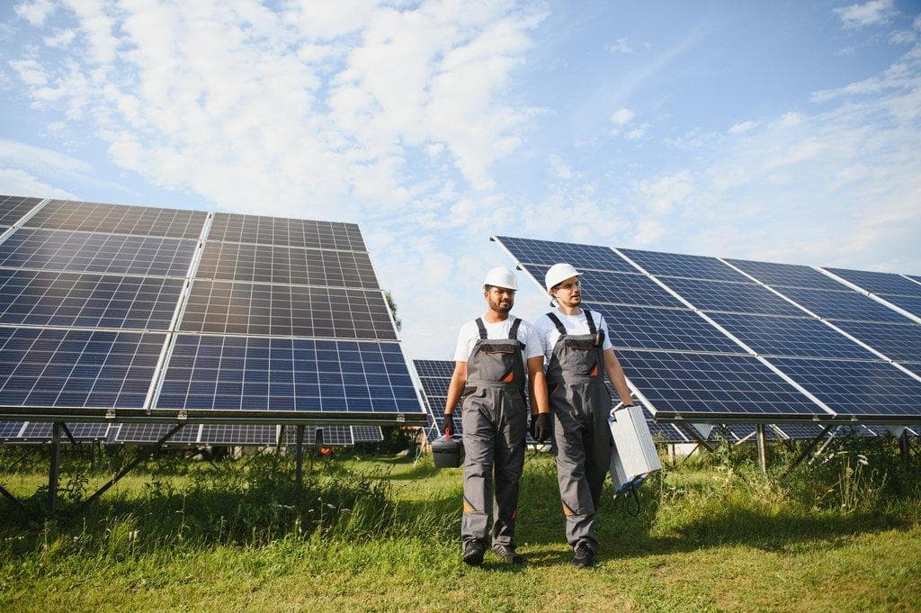 Ingenieurteam überprüft und wartet Solarpanels