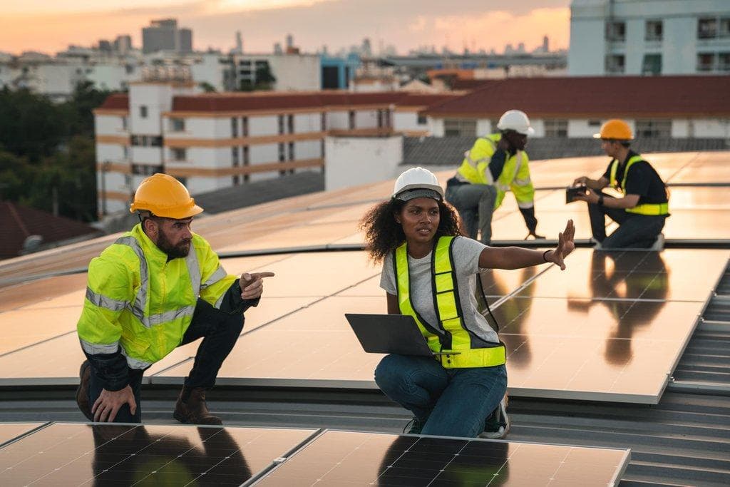 Ingenieur installiert Solarpanels auf dem Hausdach