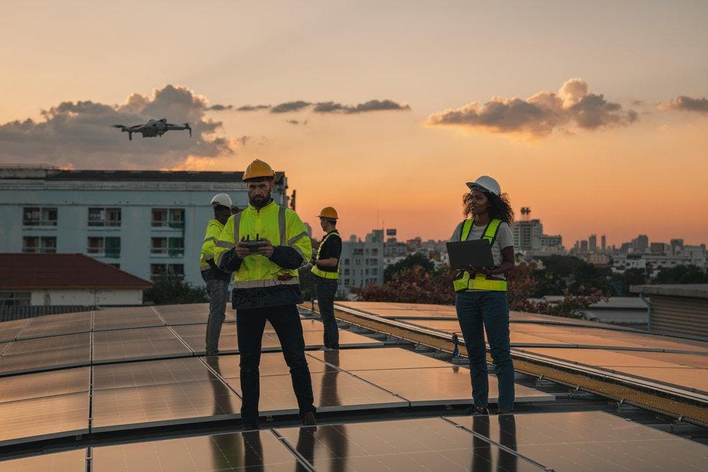 Service-Ingenieur überprüft Solarzelle auf Dach mit Drohne